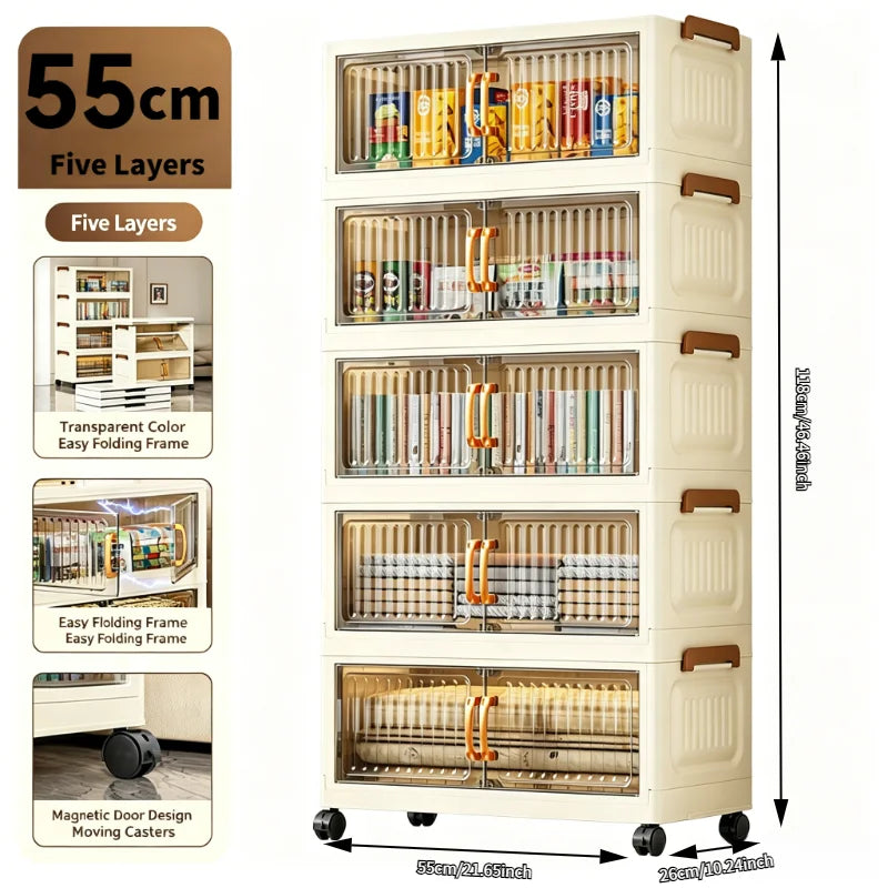 5 Tier Foldable Plastic Storage Cabinet Magnetic Doors And Wheels
