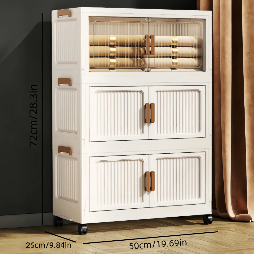 Foldable Stackable Plastic Storage Cabinet With Double Doors And Wheels