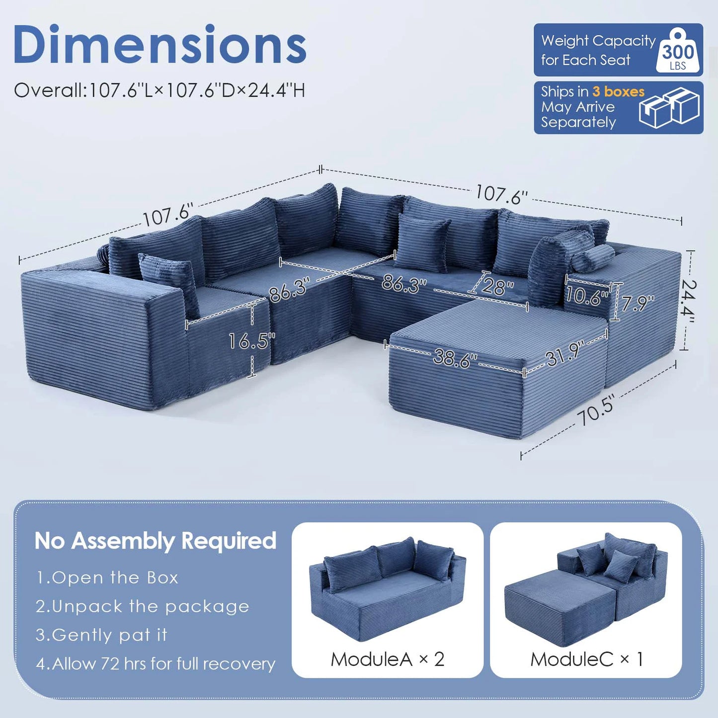 Redlife Contemporary Modular Sectional Sofa With Ottoman