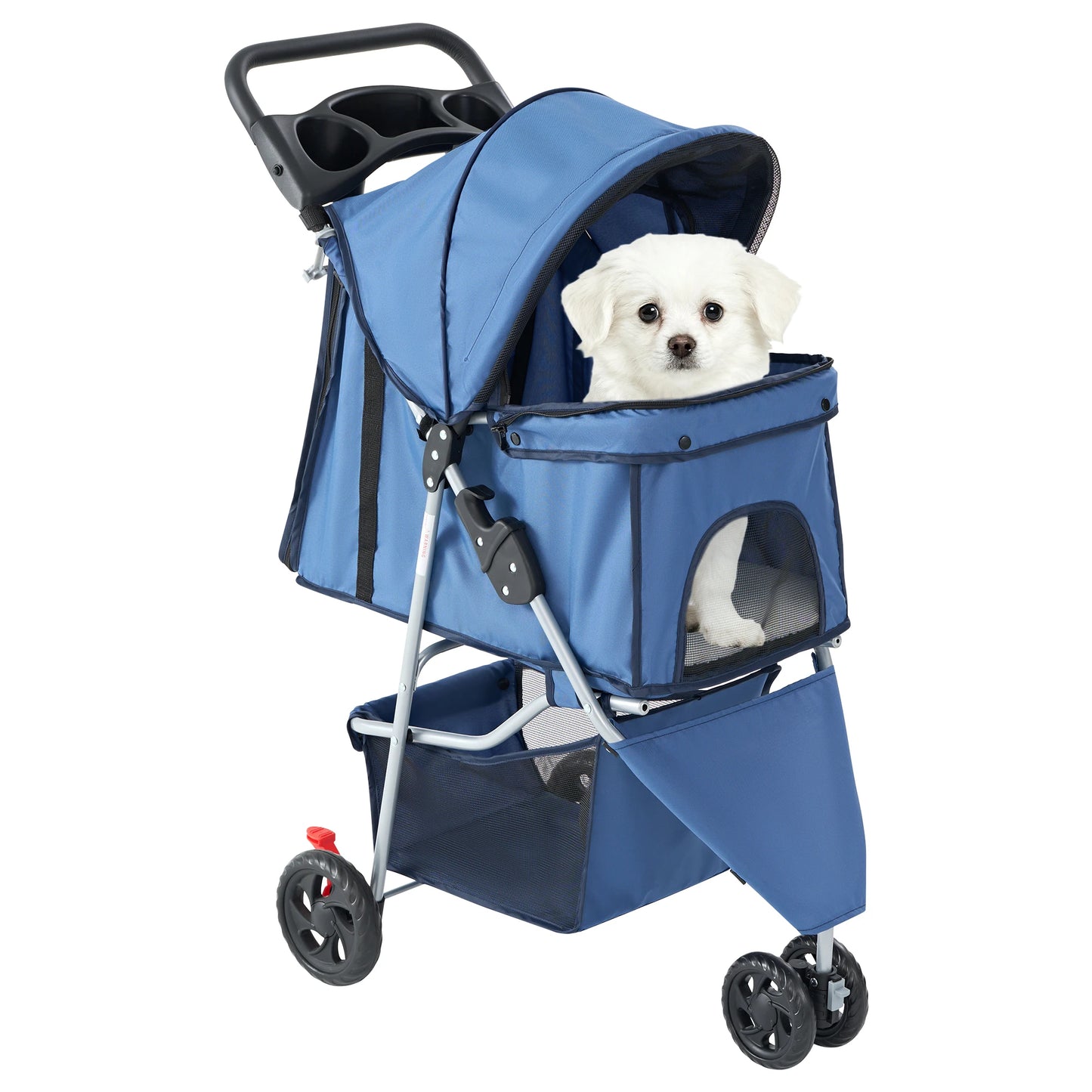 Foldable Pet Stroller With Three Shock Absorbing Wheels And Basket
