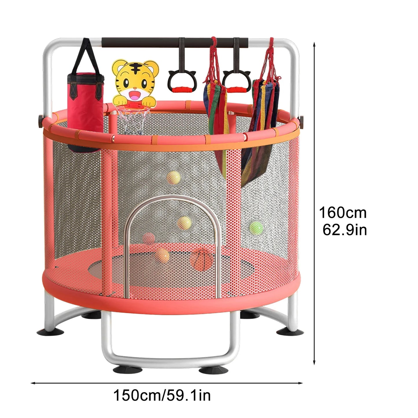 Kids Trampoline With Basketball Hoop Swing Enclosure Net