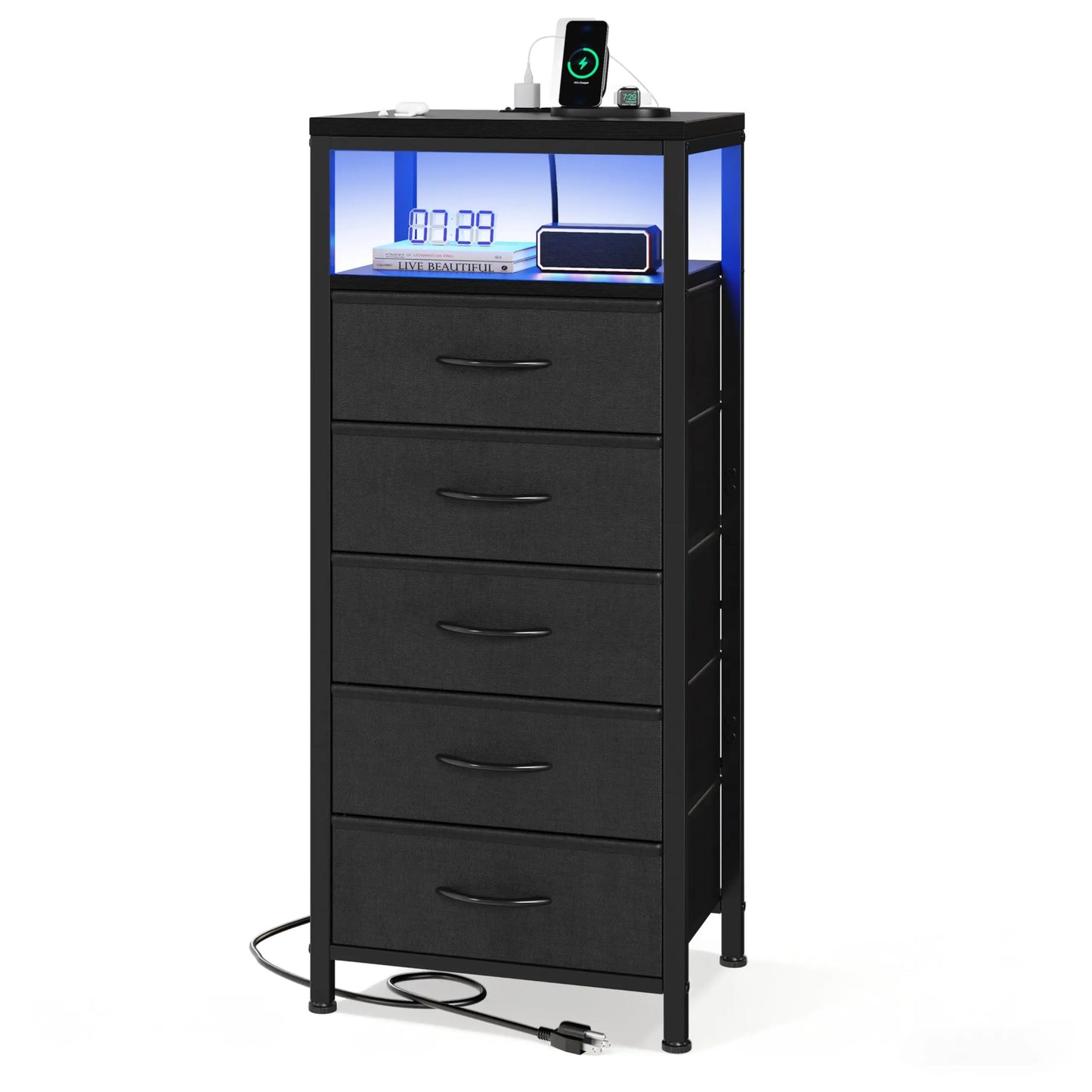 JHK Five Drawer Metal Dresser With LED Strips And Charging Ports