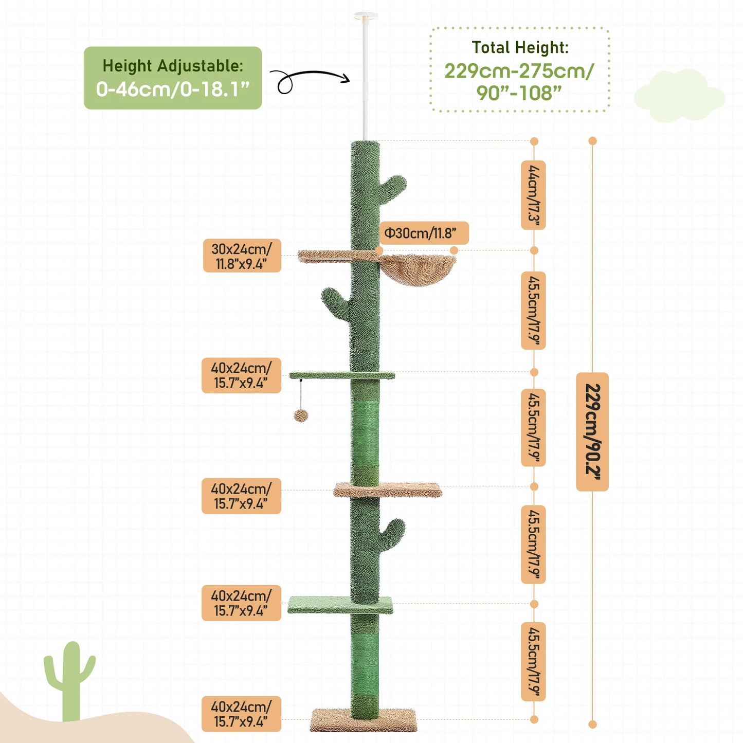 PEQULTI Cactus Cat Tower With Sisal Scratching Post And Hammock