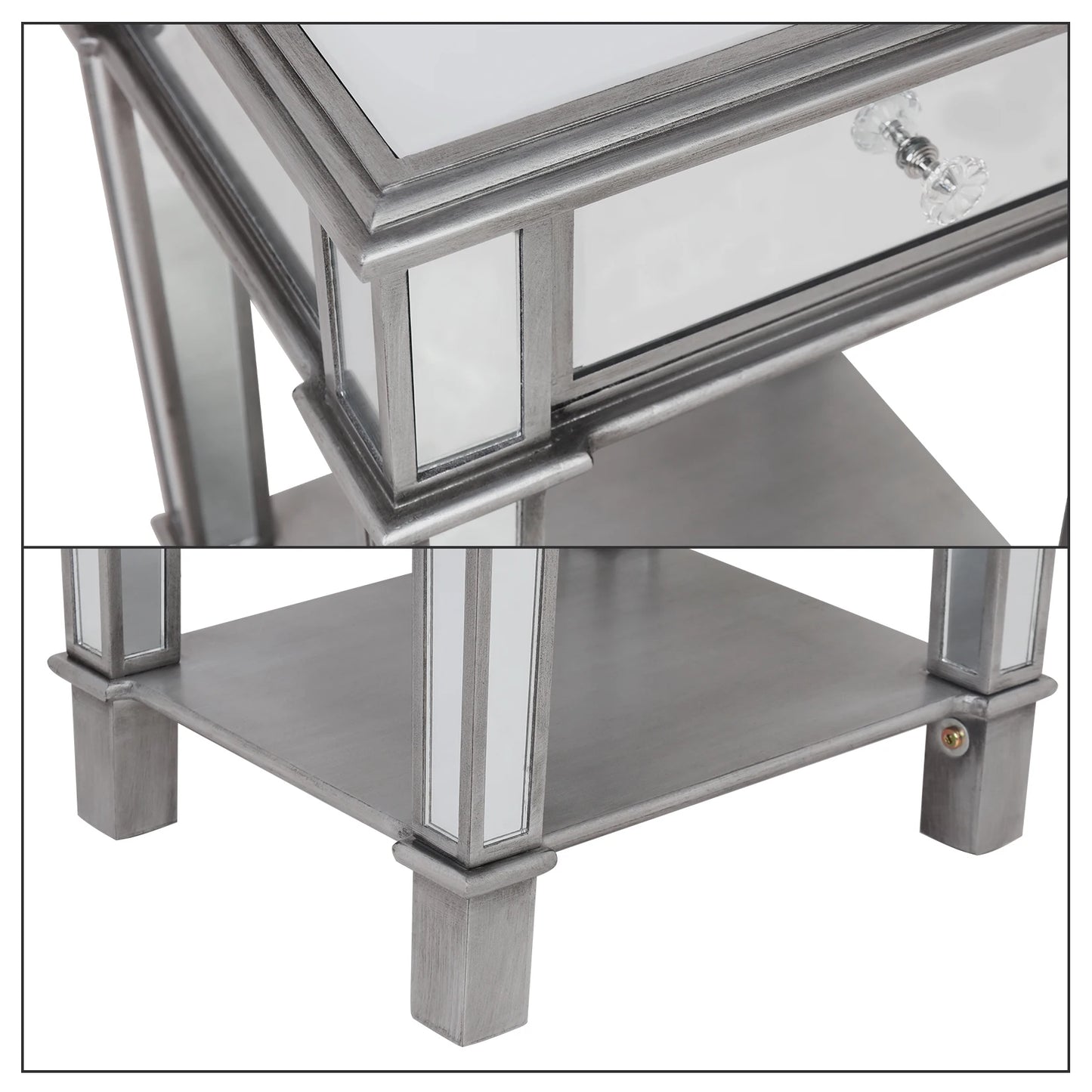 Modern Two Tier Mirrored End Table With Storage Drawer