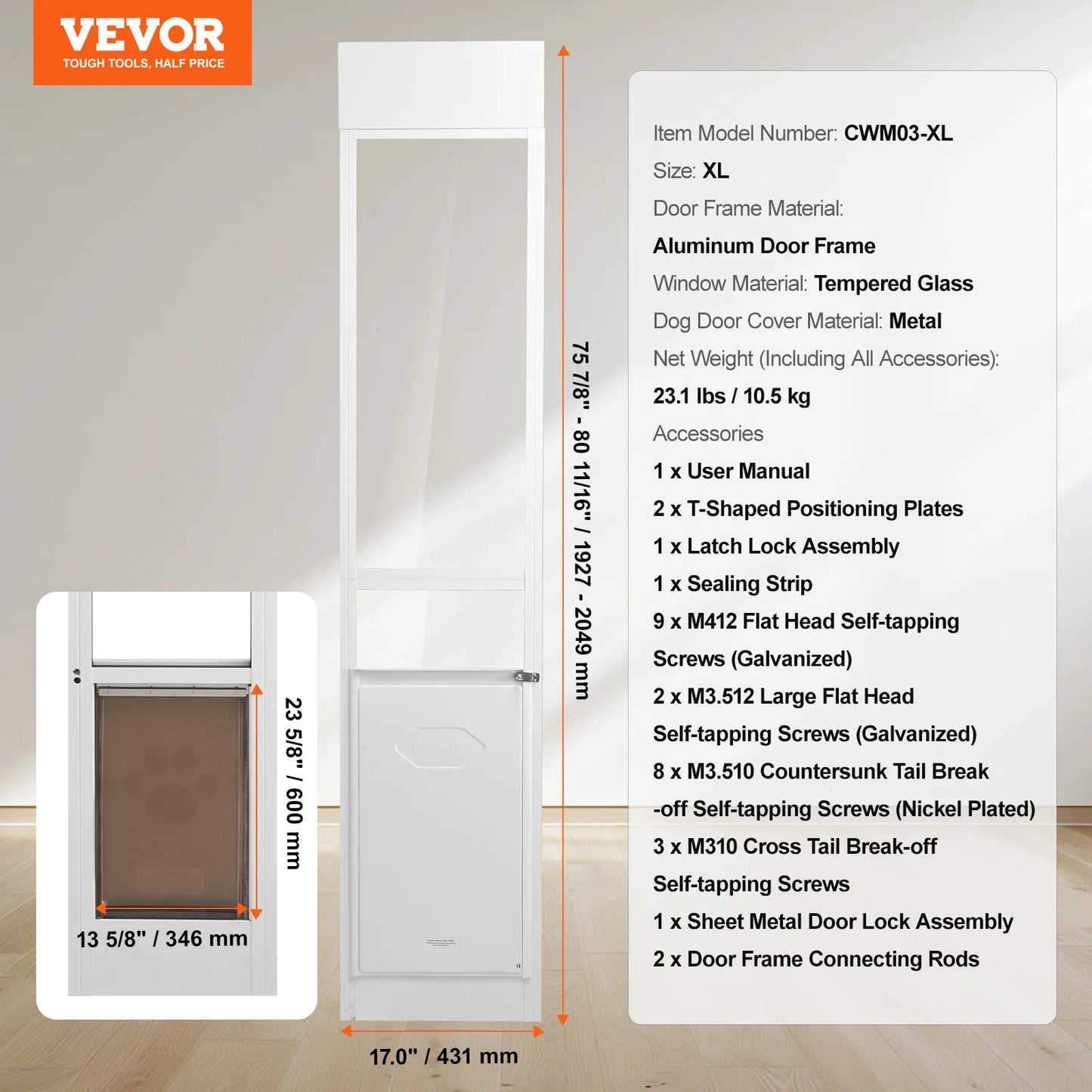 Adjustable Aluminum Sliding Dog Door With Tempered Glass Frame