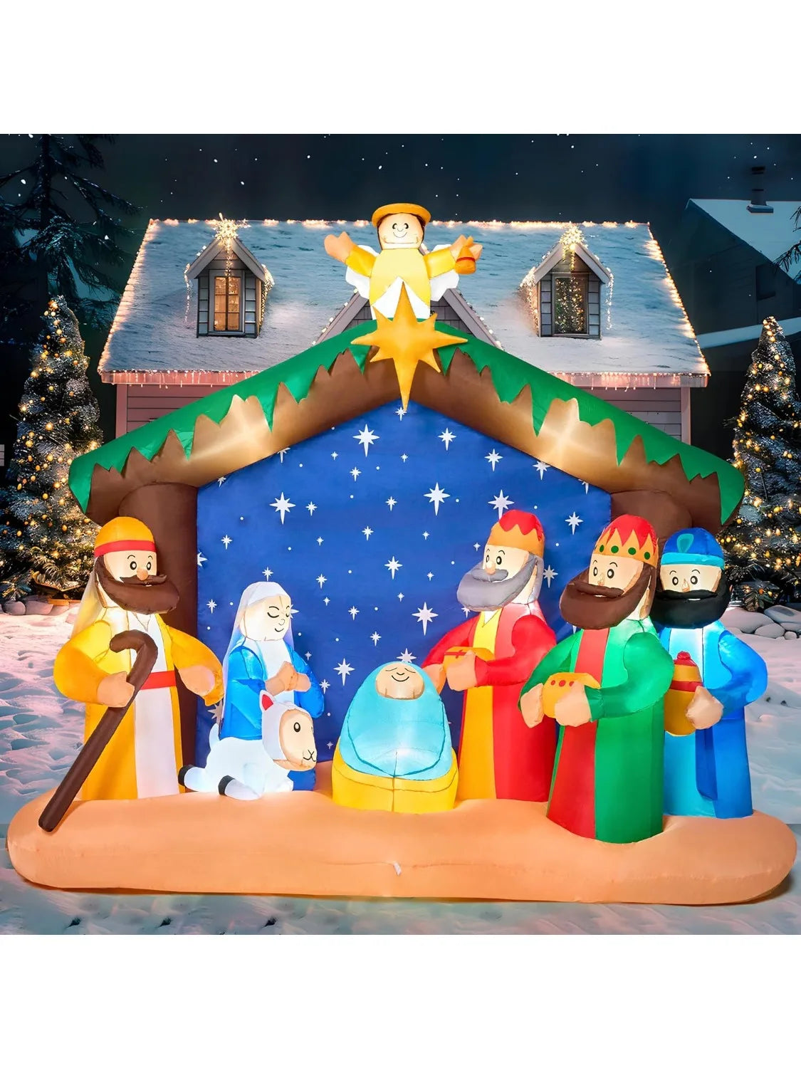 Joyfy 8ft Long Christmas Inflatables Nativity Scene With Build-In LEDs