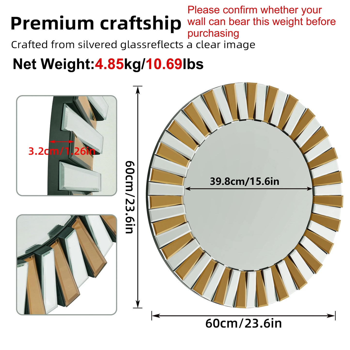 Decorative Round Starburst Glass Wall Mirror For Home Living Room