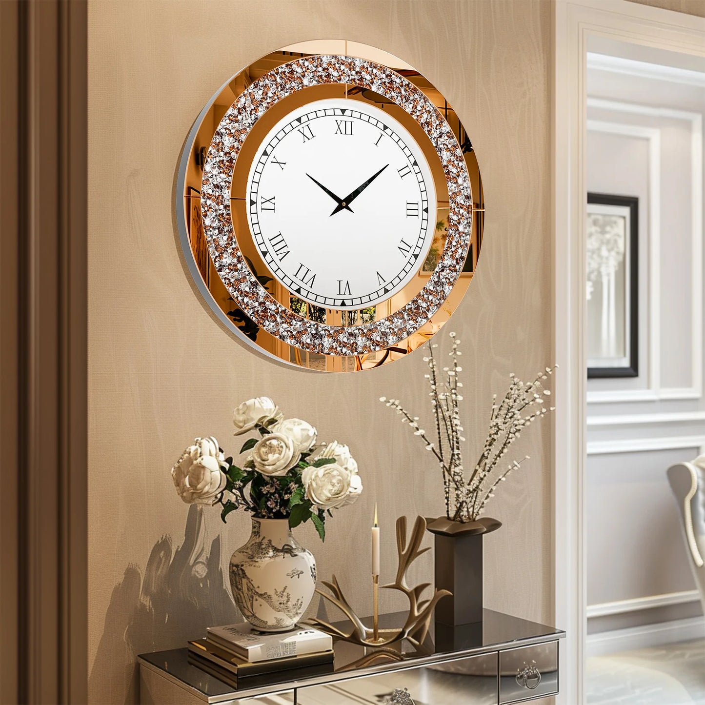 Elegant Sparkling Mirrored Wall Clock With Built In Audio Speaker