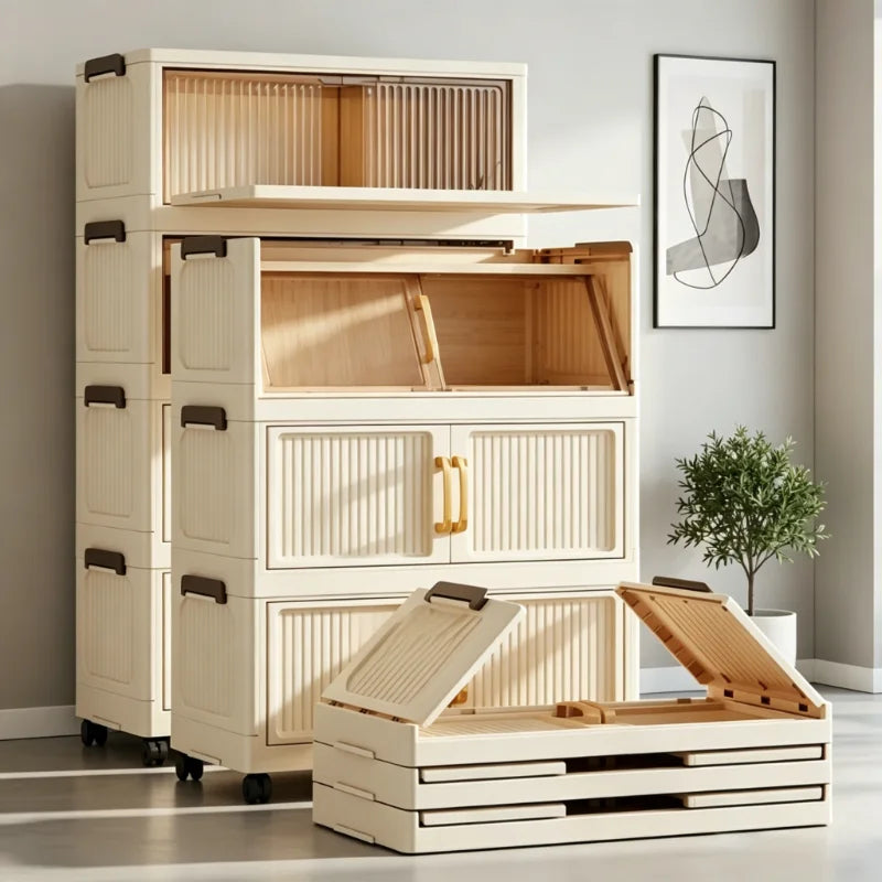 5 Tier Foldable Plastic Storage Cabinet Magnetic Doors And Wheels