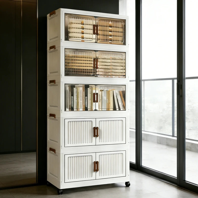 Foldable Stackable Plastic Storage Cabinet With Double Doors And Wheels