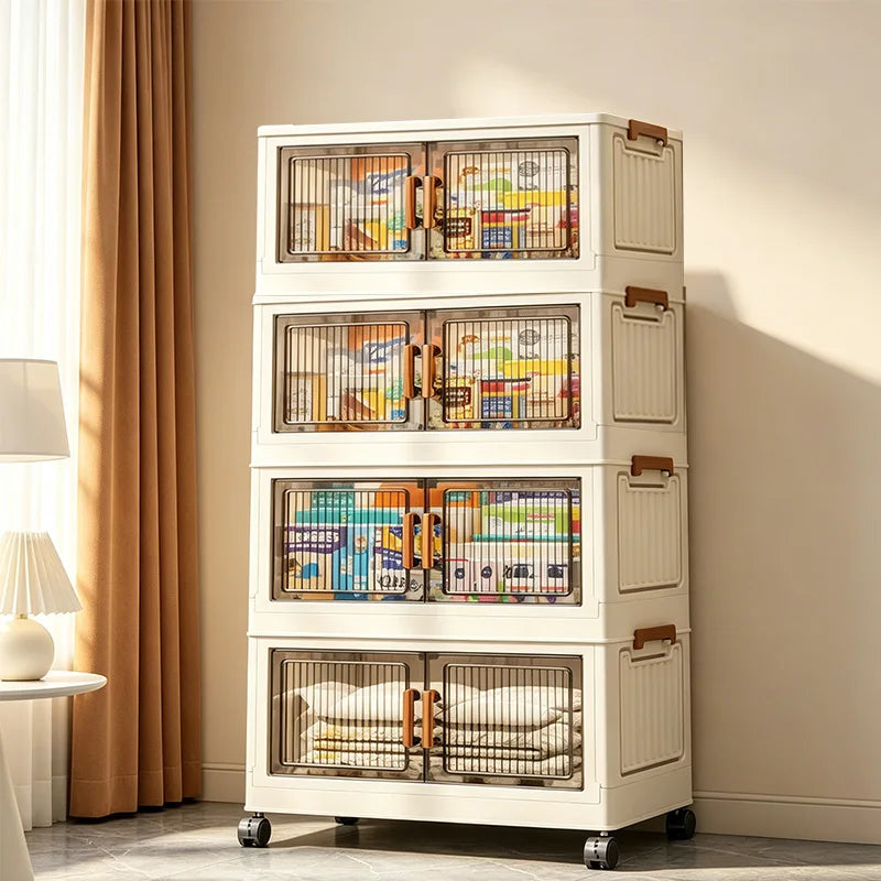 Foldable Stackable Storage Cabinet With Wheels And Magnetic Doors