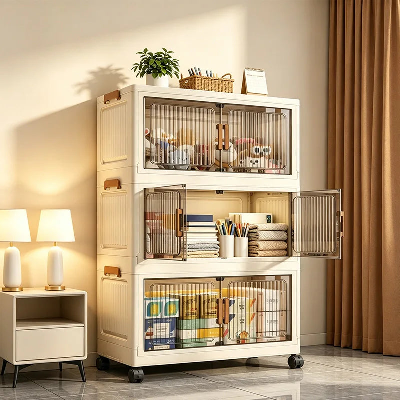 Foldable Stackable Storage Cabinet With Wheels And Magnetic Doors
