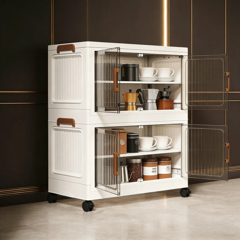 Foldable Stackable Plastic Storage Cabinet With Double Doors And Wheels