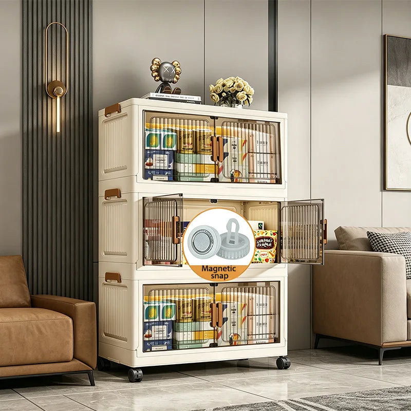 Foldable Stackable Storage Cabinet With Wheels And Magnetic Doors