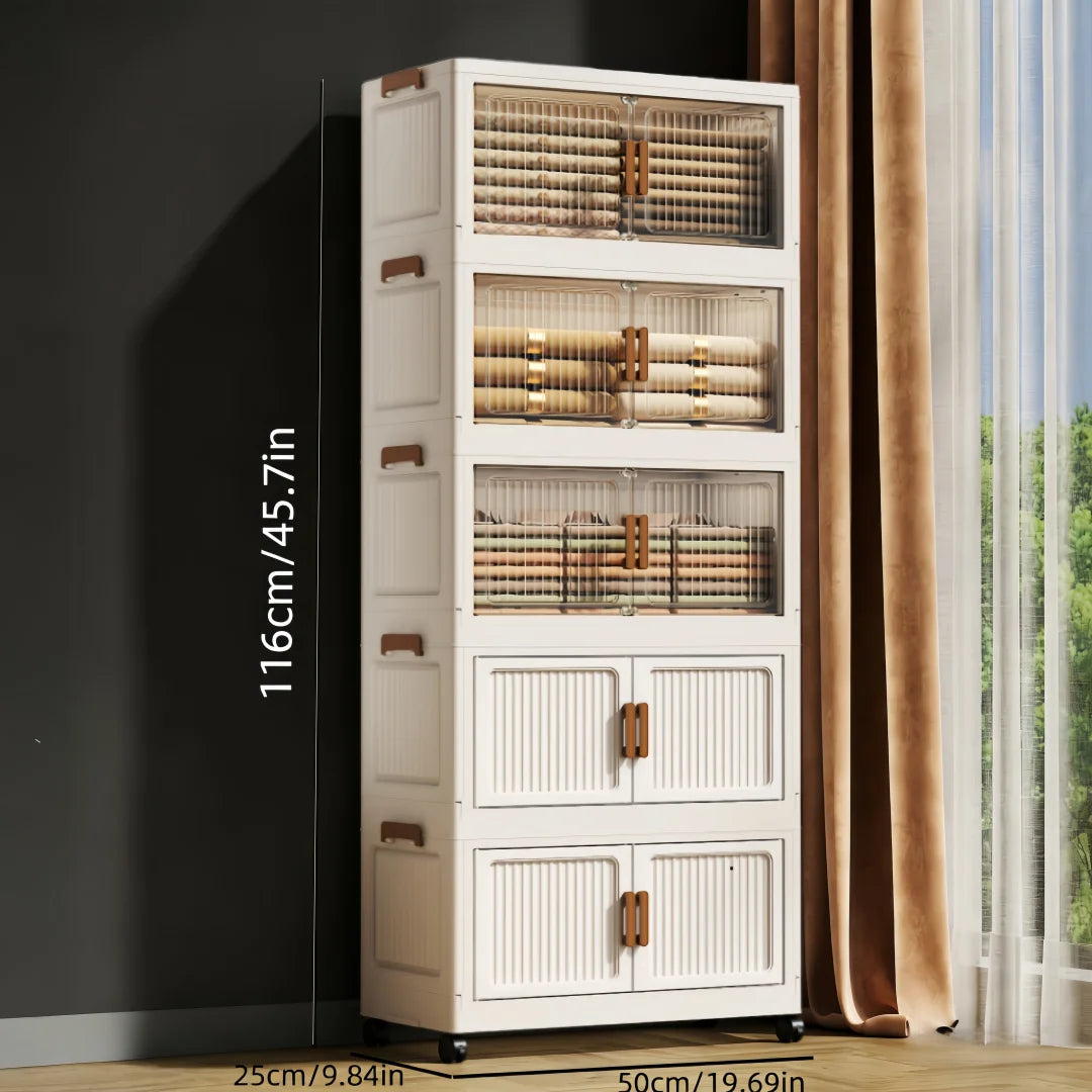 Foldable Stackable Plastic Storage Cabinet With Double Doors And Wheels