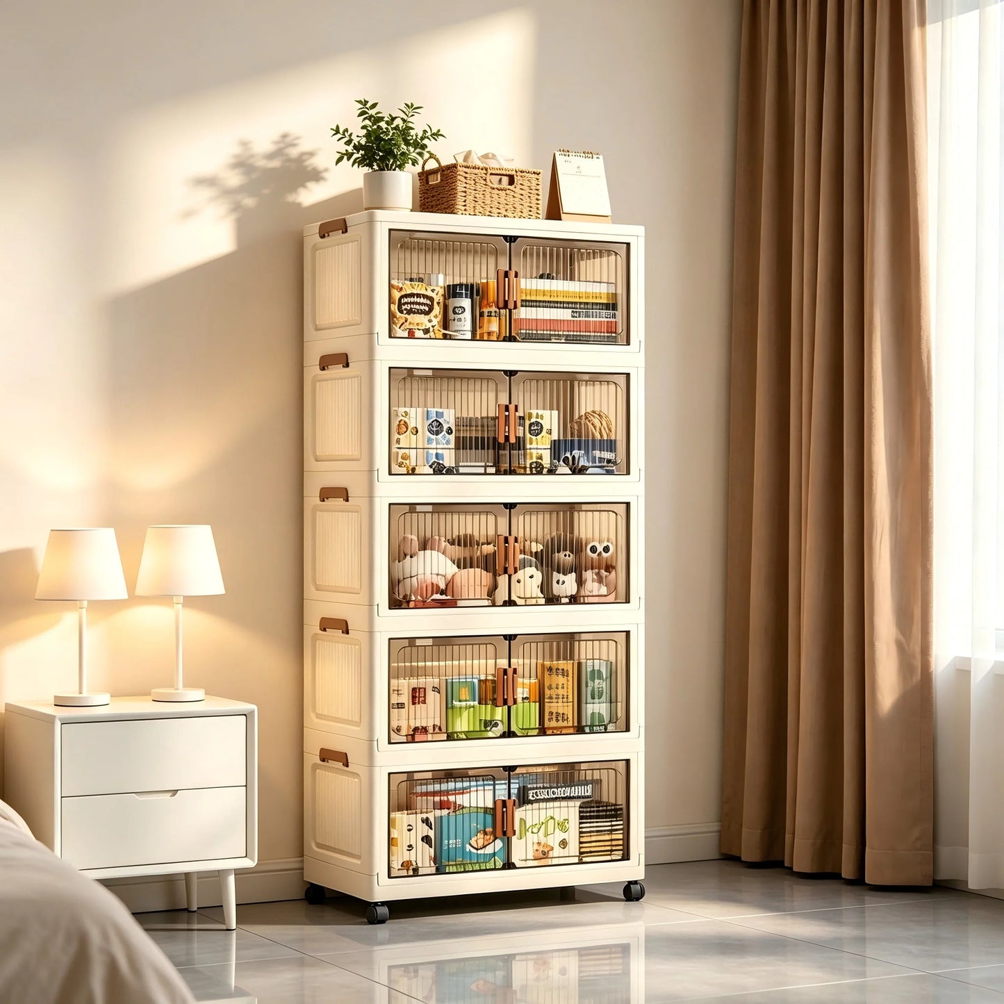 Foldable Stackable Storage Cabinet With Wheels And Magnetic Doors