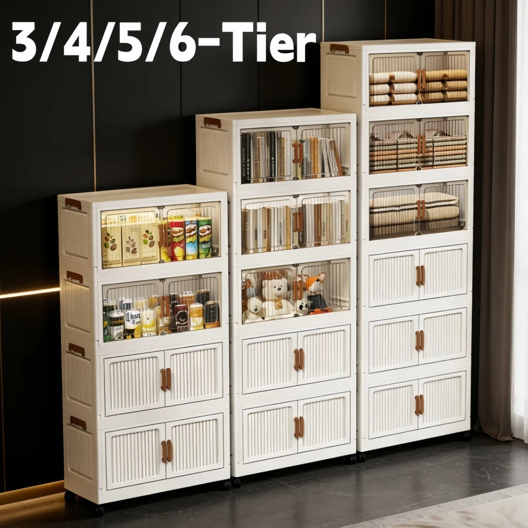 Foldable Stackable Plastic Storage Cabinet With Double Doors And Wheels