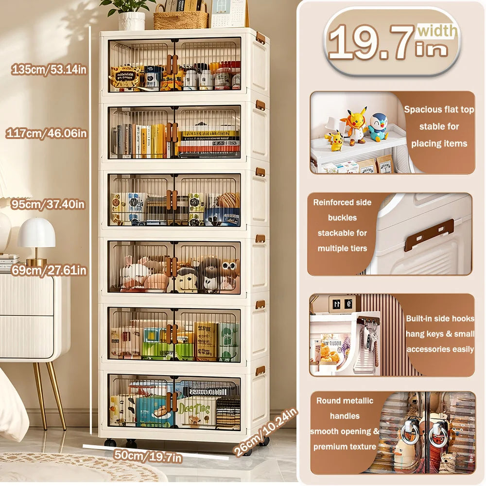 Foldable Stackable Storage Cabinet With Wheels And Magnetic Doors