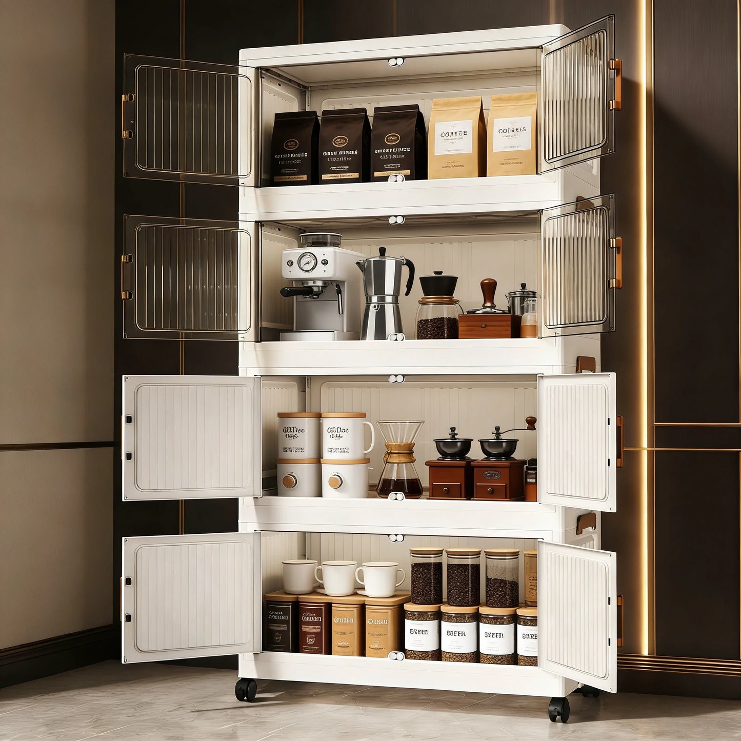 Foldable Stackable Plastic Storage Cabinet With Double Doors And Wheels