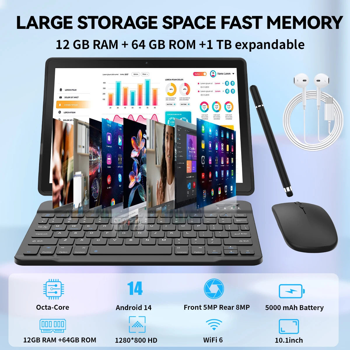 Aeezo Android 14 Tablet 12GB RAM 64GB ROM and Accessories