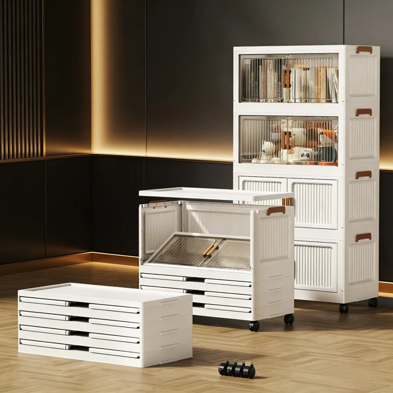 Foldable Stackable Plastic Storage Cabinet With Double Doors And Wheels