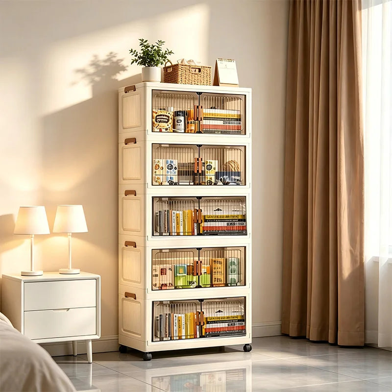 Foldable Stackable Storage Cabinet With Wheels And Magnetic Doors