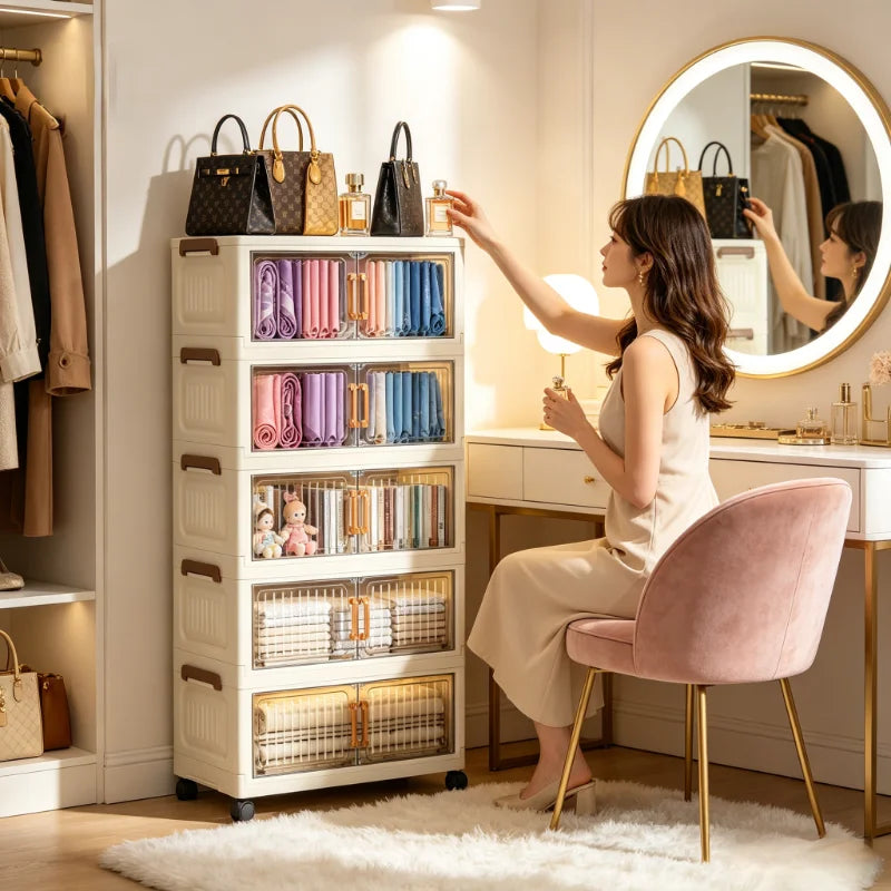 5 Tier Foldable Plastic Storage Cabinet Magnetic Doors And Wheels