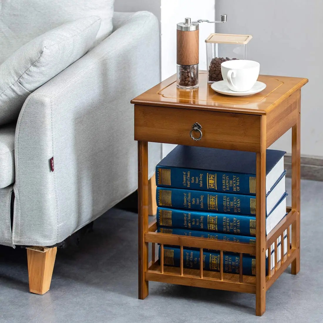 Bamboo Bedside Table With Drawer And Storage Nightstand Bedroom Decor