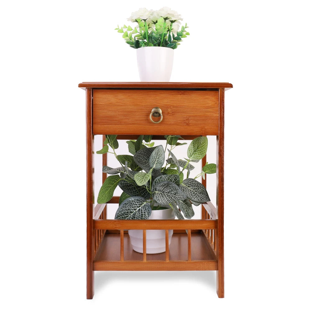 Bamboo Bedside Table With Drawer And Storage Nightstand Bedroom Decor