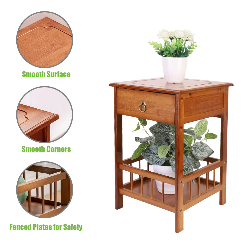Bamboo Bedside Table With Drawer And Storage Nightstand Bedroom Decor