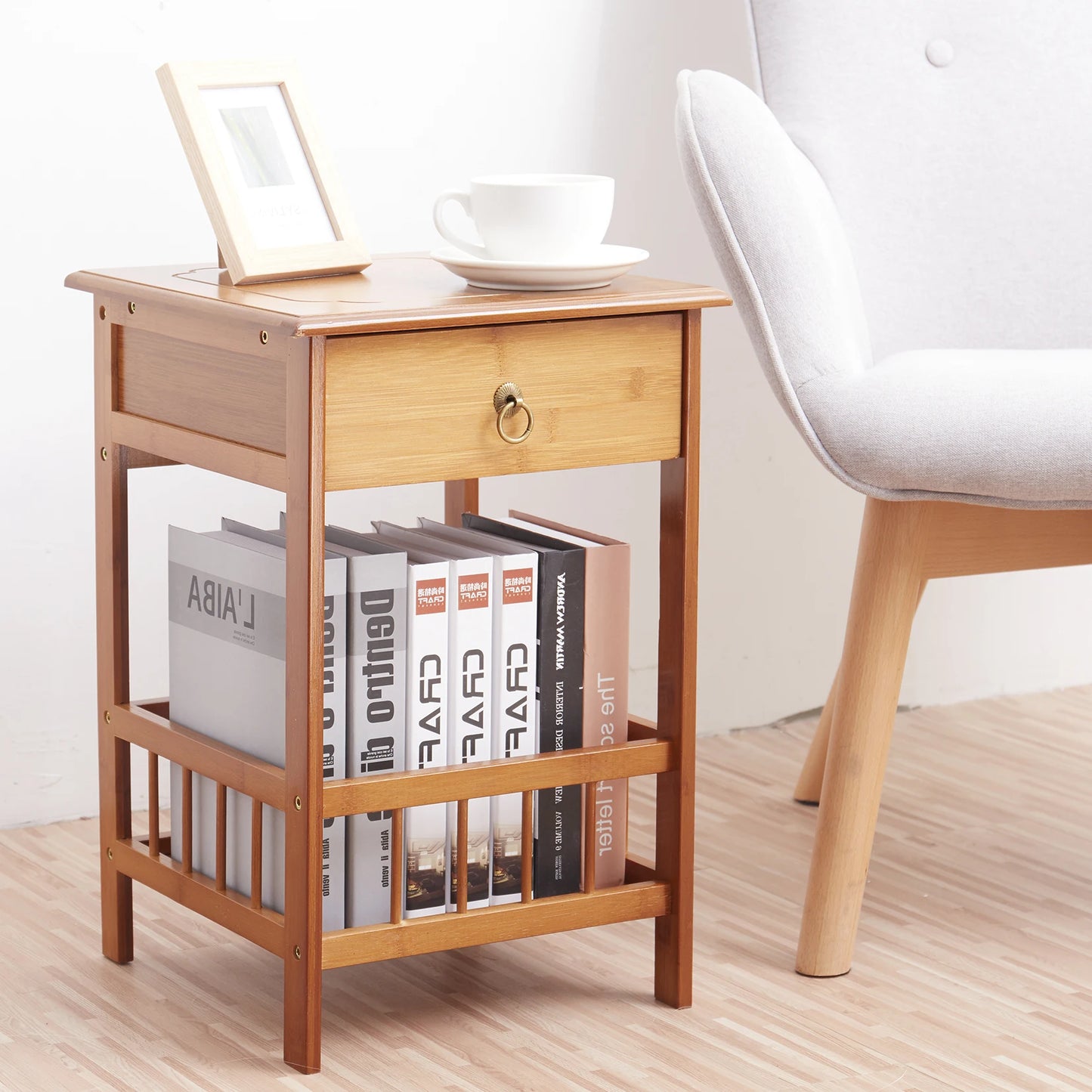 Bamboo Bedside Table With Drawer And Storage Nightstand Bedroom Decor