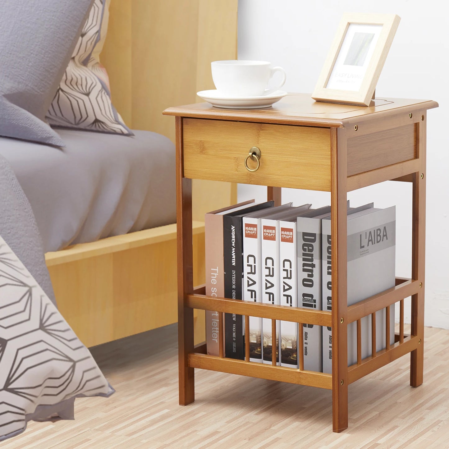 Bamboo Bedside Table With Drawer And Storage Nightstand Bedroom Decor
