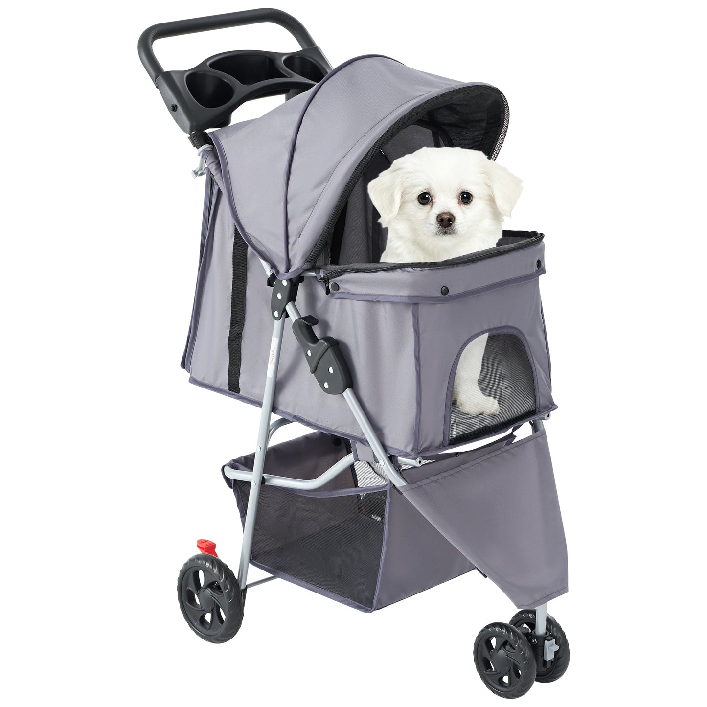 Foldable Pet Stroller With Three Shock Absorbing Wheels And Basket