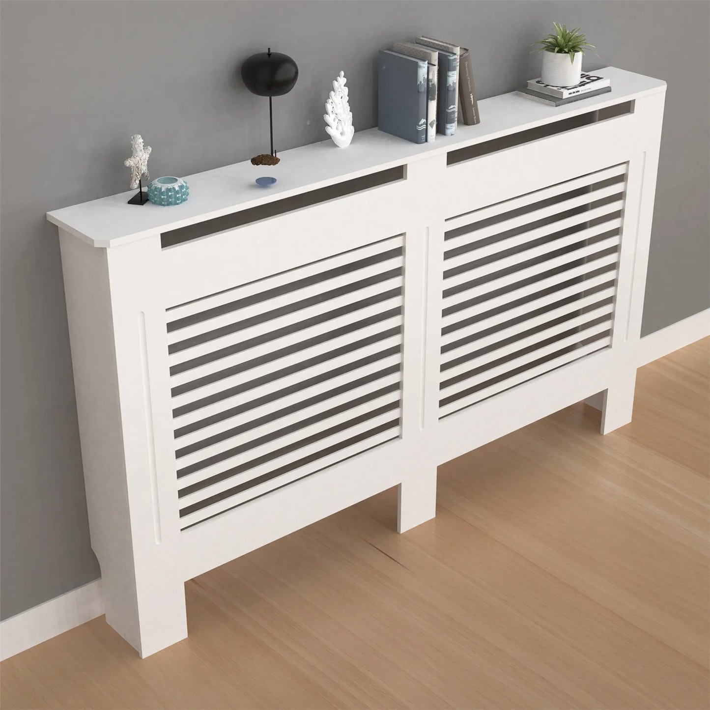 Modern Wood Radiator Cover With Decorative Grill And Storage Shelf