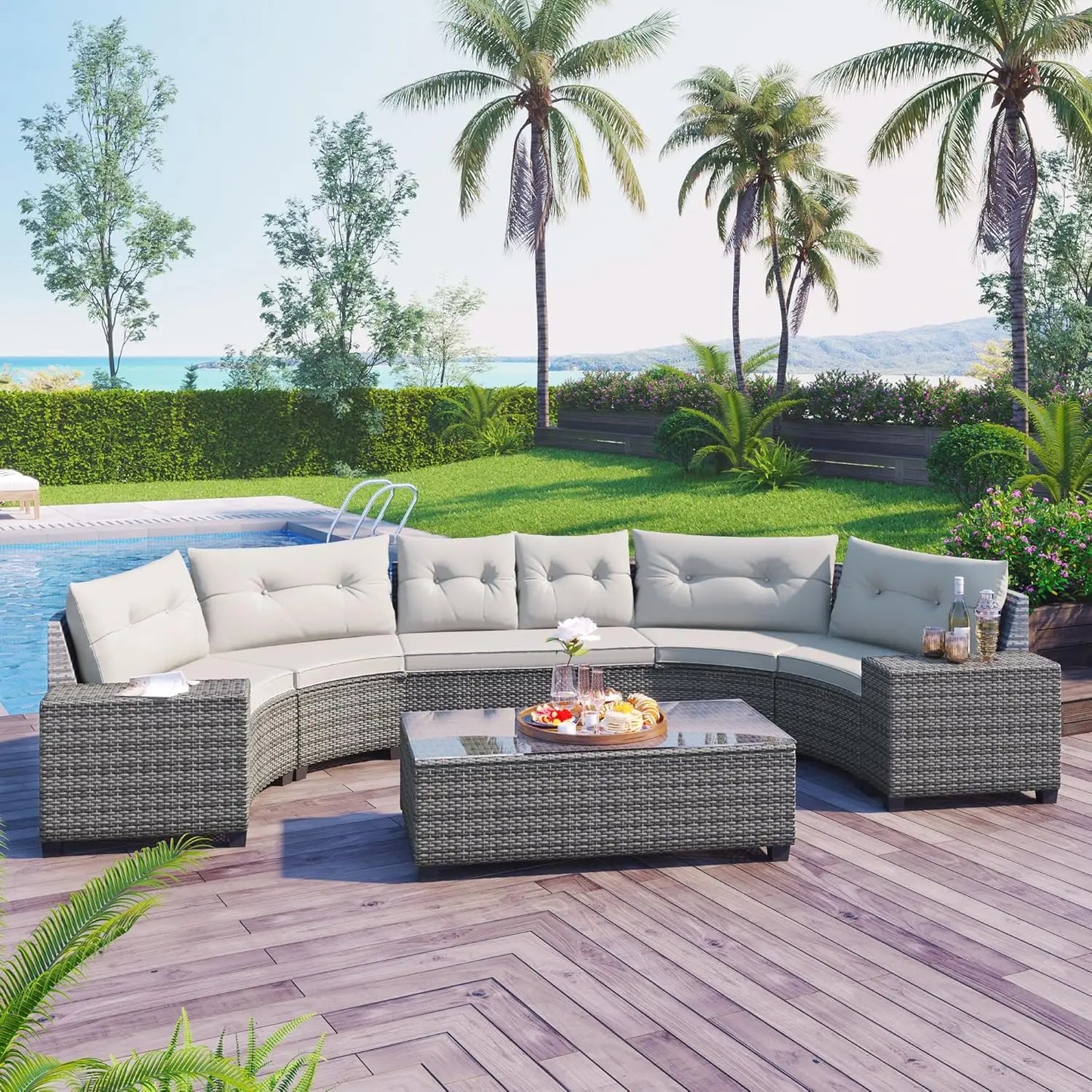 Acacia Wood Half Moon Outdoor Sofa Set With Coffee Table