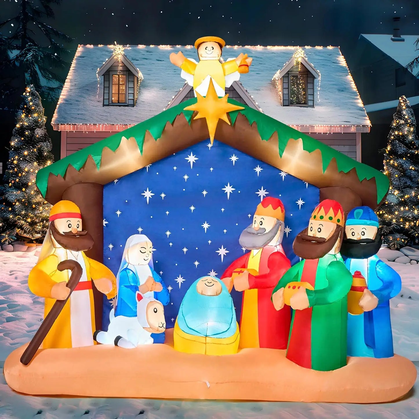 Joyfy 8ft Long Christmas Inflatables Nativity Scene With Build-In LEDs