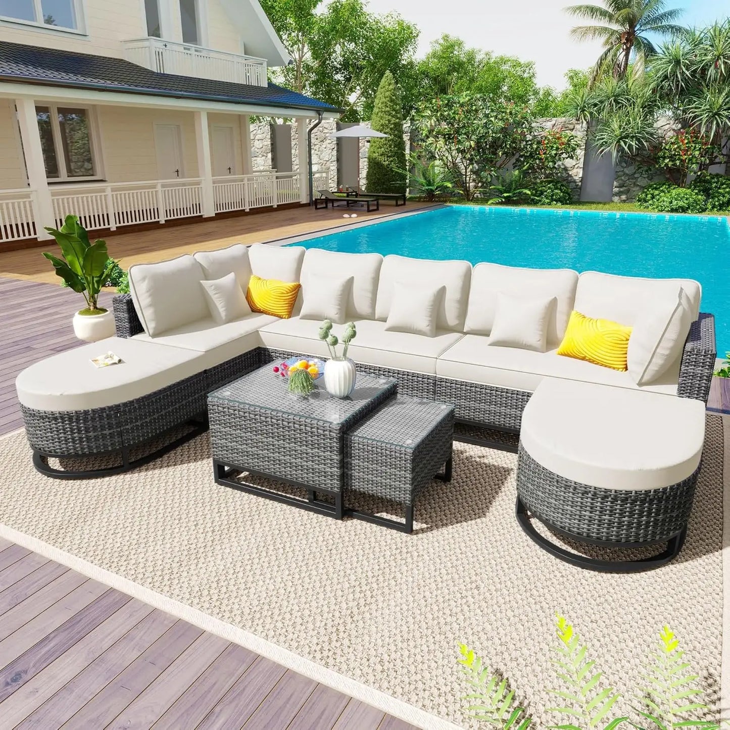 Acacia Wood Half Moon Outdoor Sofa Set With Coffee Table