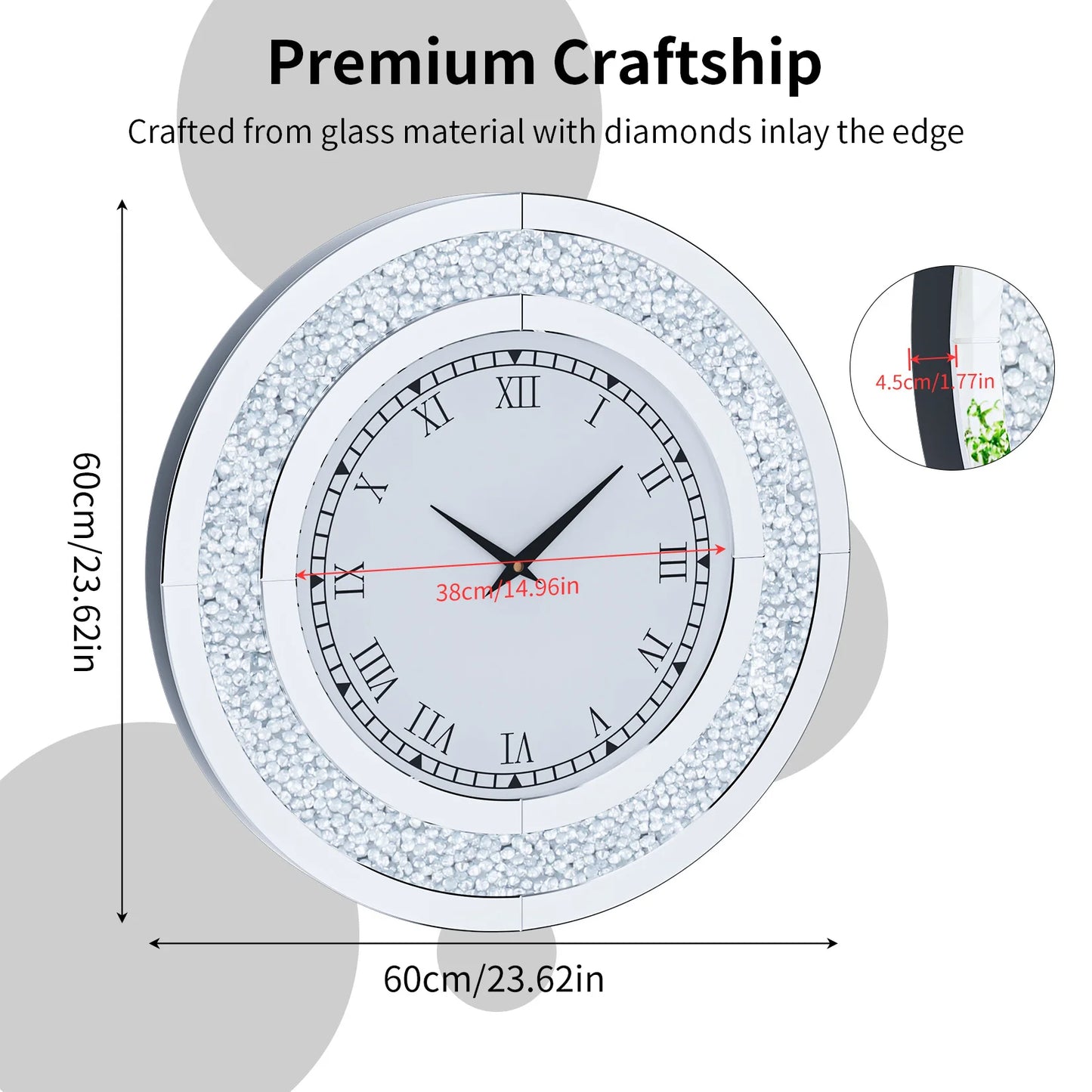 Elegant Sparkling Mirrored Wall Clock With Built In Audio Speaker