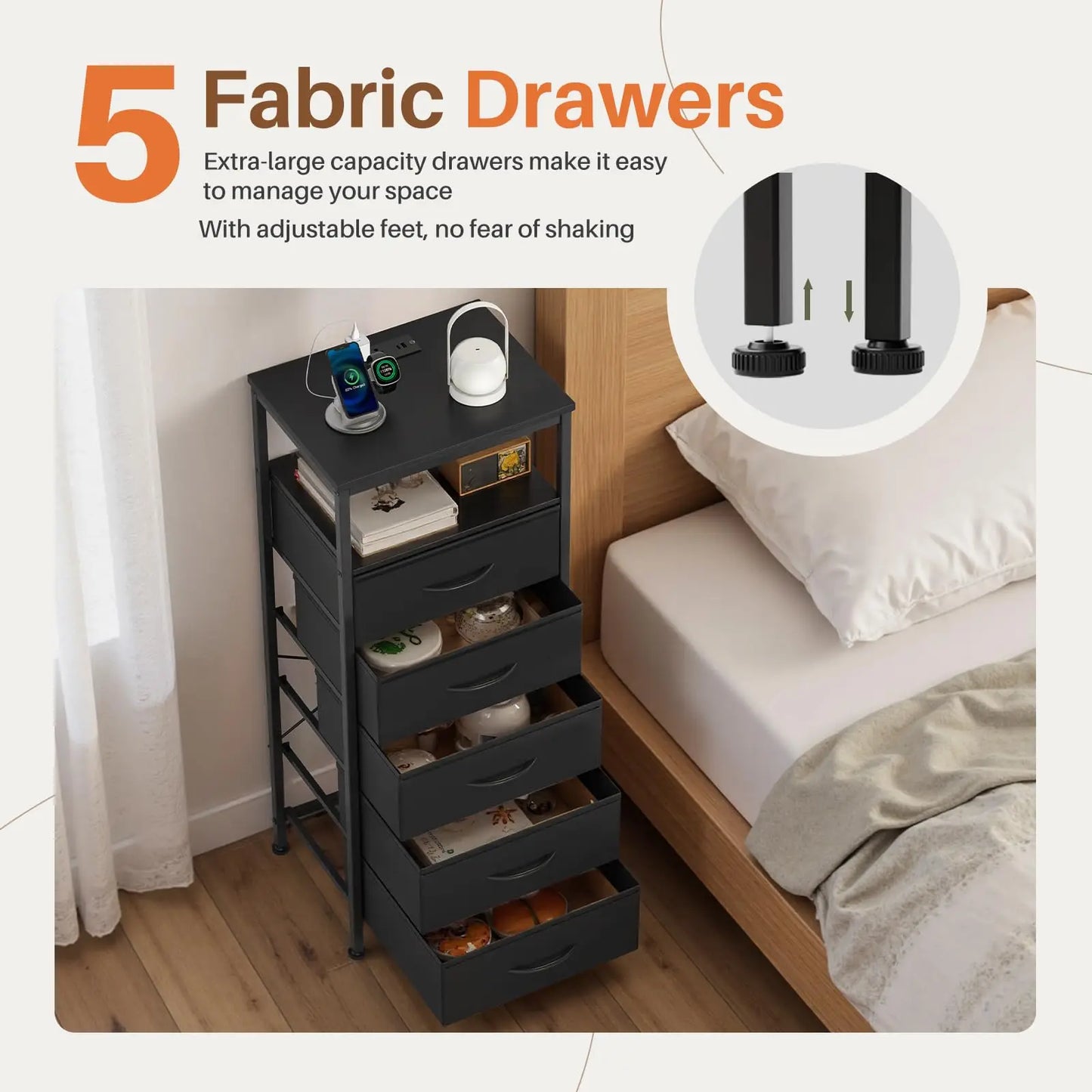 JHK Five Drawer Metal Dresser With LED Strips And Charging Ports