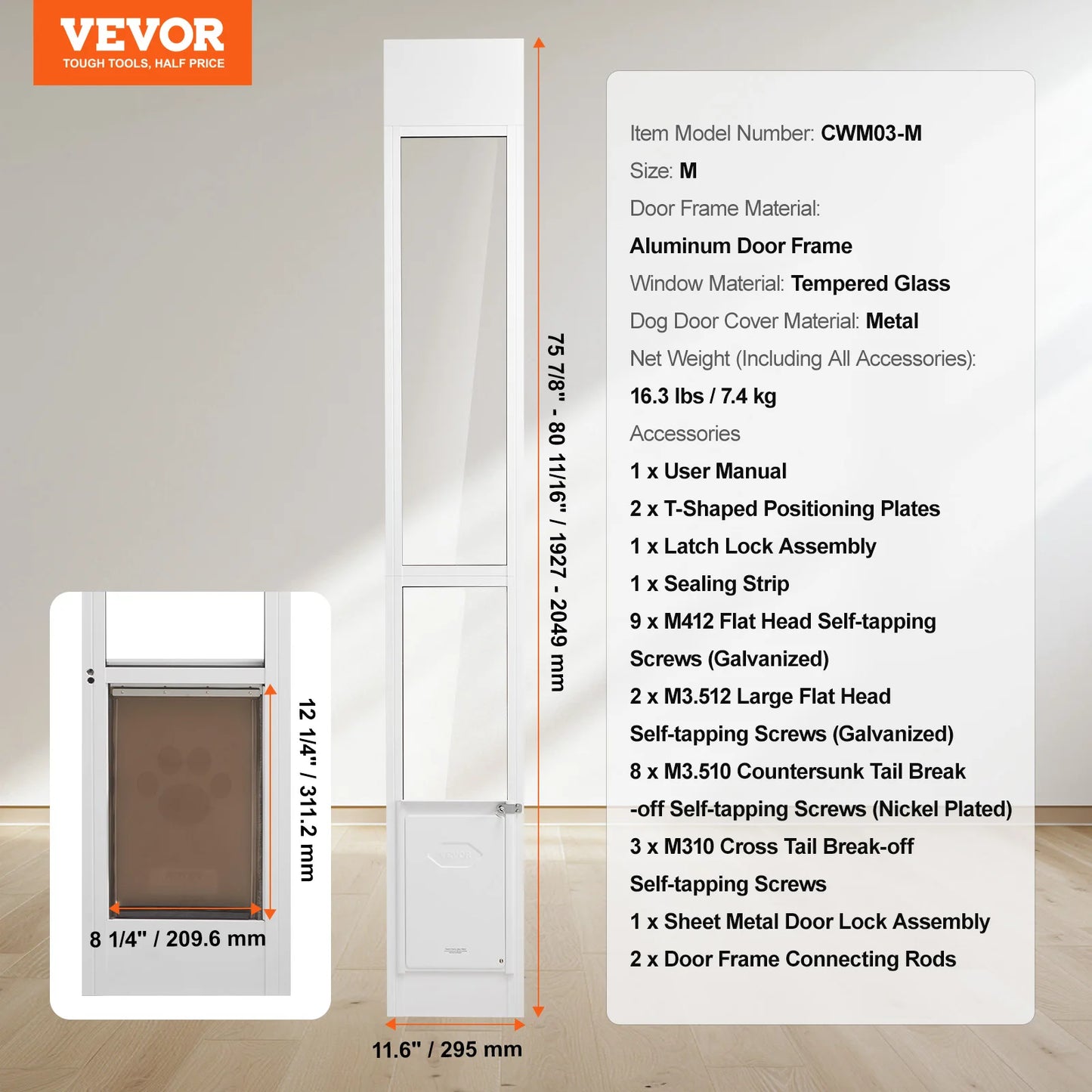 Adjustable Aluminum Sliding Dog Door With Tempered Glass Frame