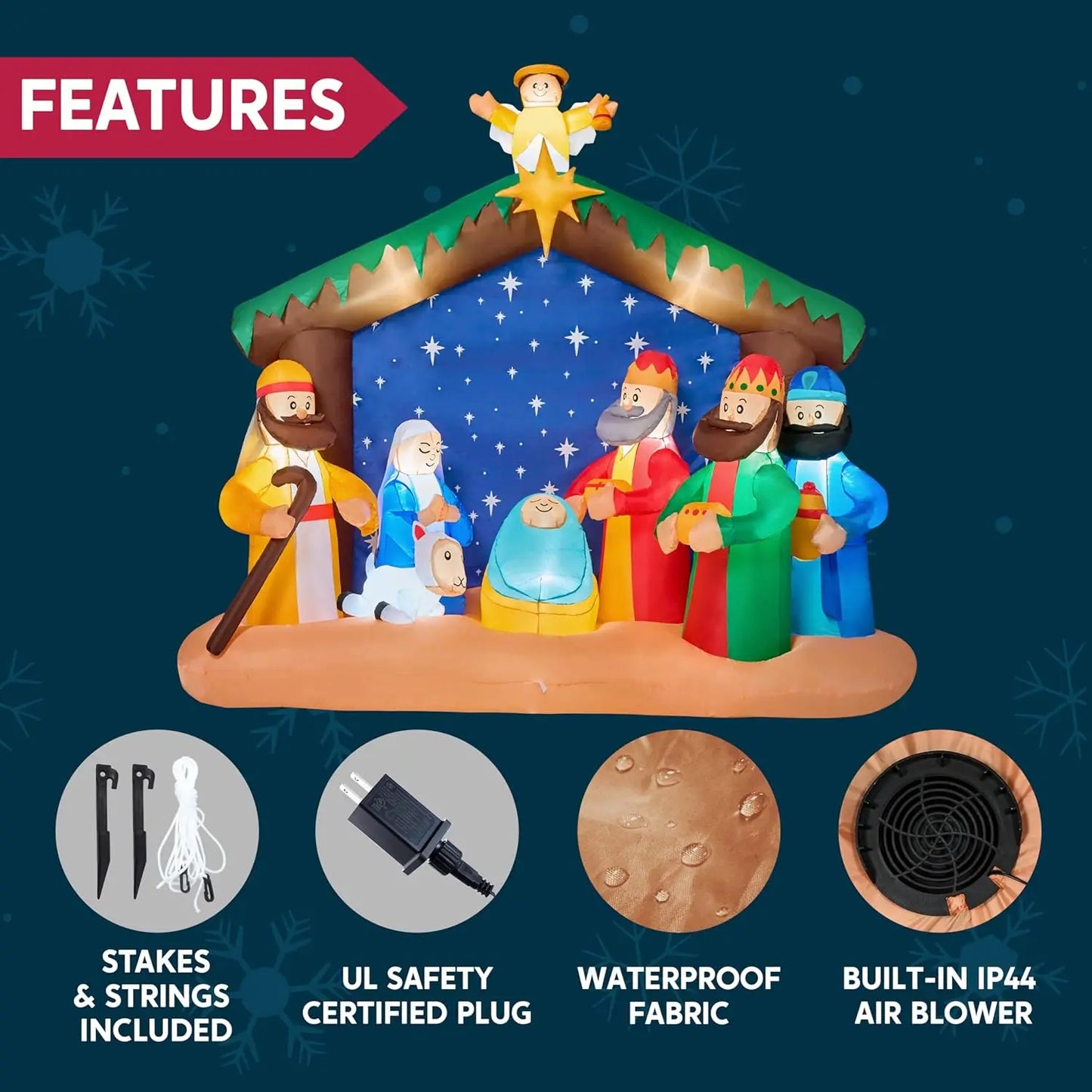 Joyfy 8ft Long Christmas Inflatables Nativity Scene With Build-In LEDs