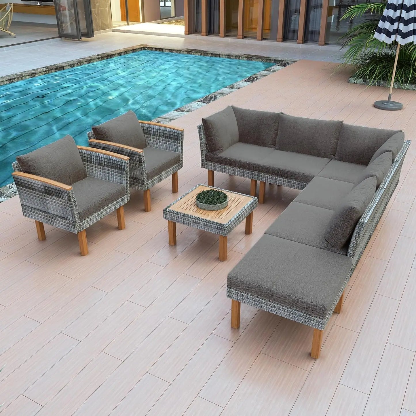 Acacia Wood Half Moon Outdoor Sofa Set With Coffee Table