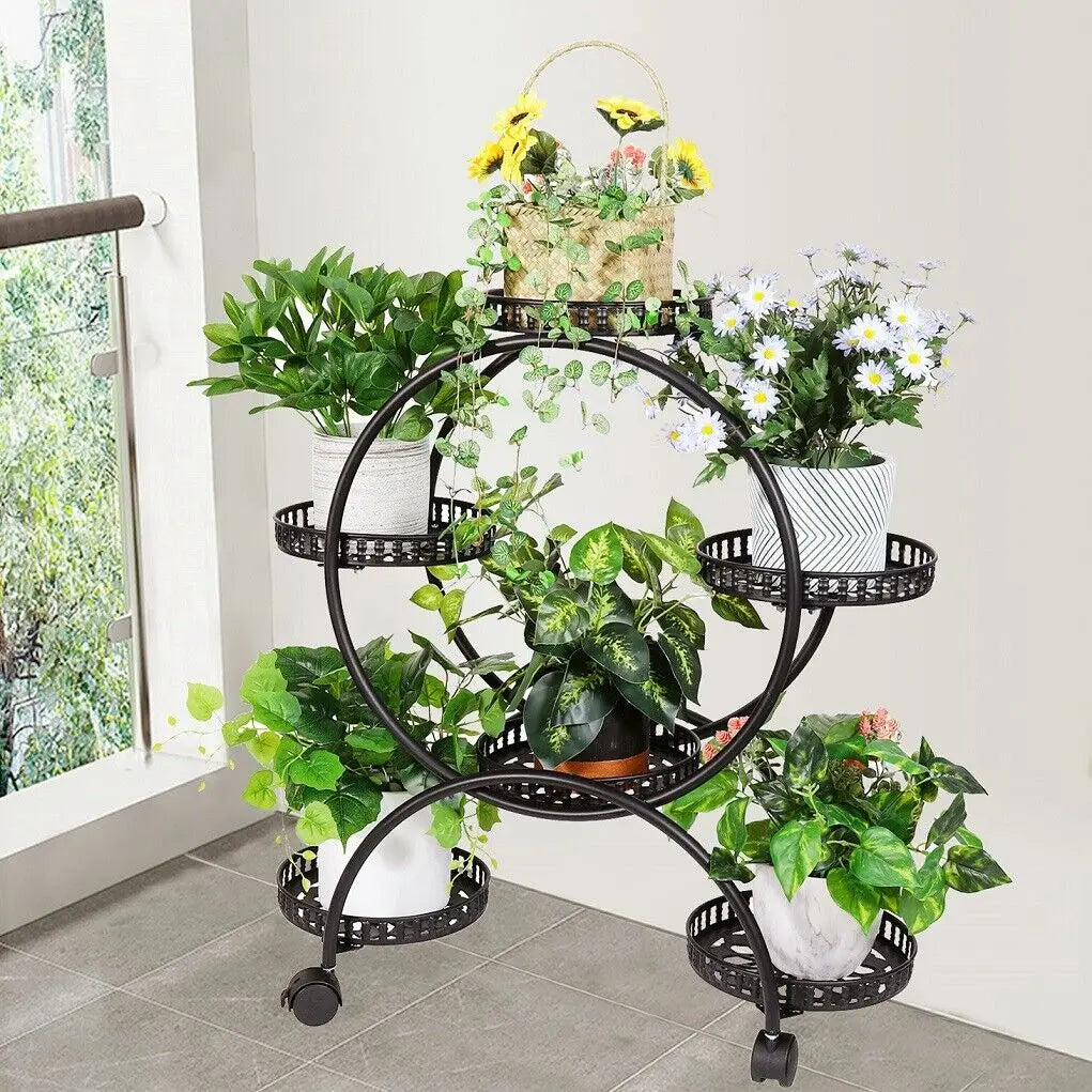 Rolling Metal Plant Stand With Wheels For Patio Balcony Shelf