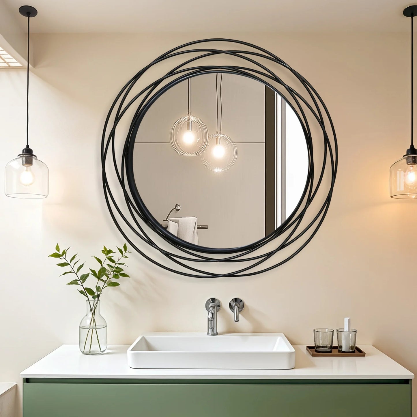 Round Iron Wire Frame Decorative Wall Mirror For Modern Home