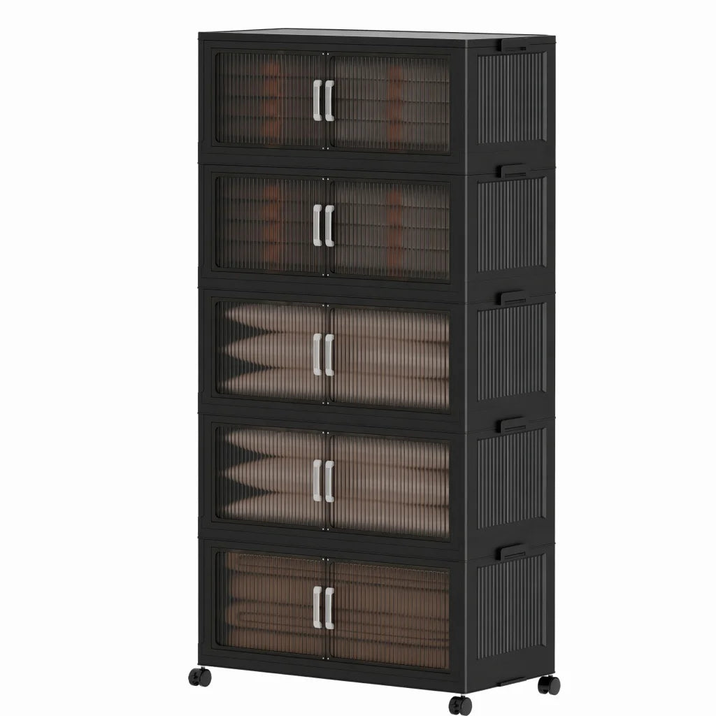 Five Tier Foldable Storage Cabinet With Wheels And Double Doors
