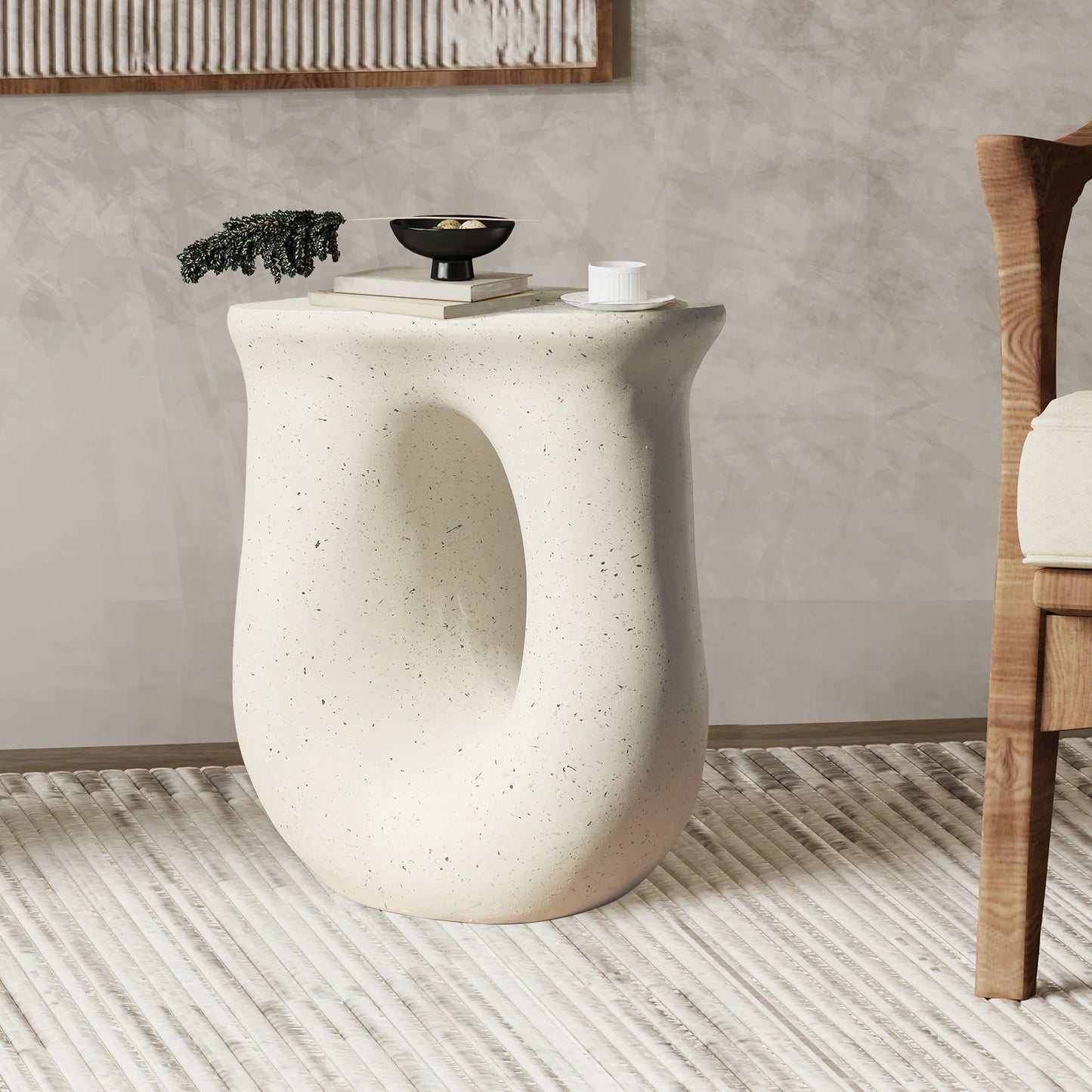 Contemporary Stone Geometric U Shaped Side End Accent Table