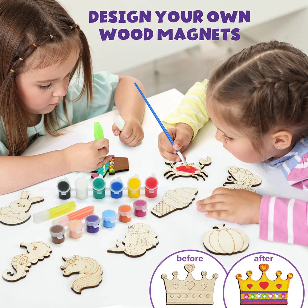 Kids Wooden Magnet Craft Kit With Glow Paint And Brushes