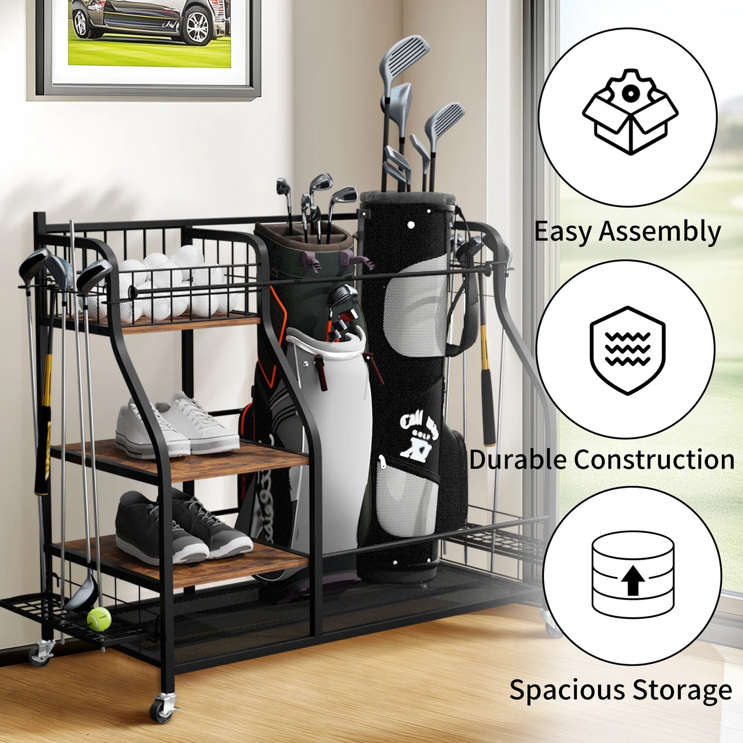 Triple Rolling Metal Golf Bag Storage Rack Organizer With Wheels