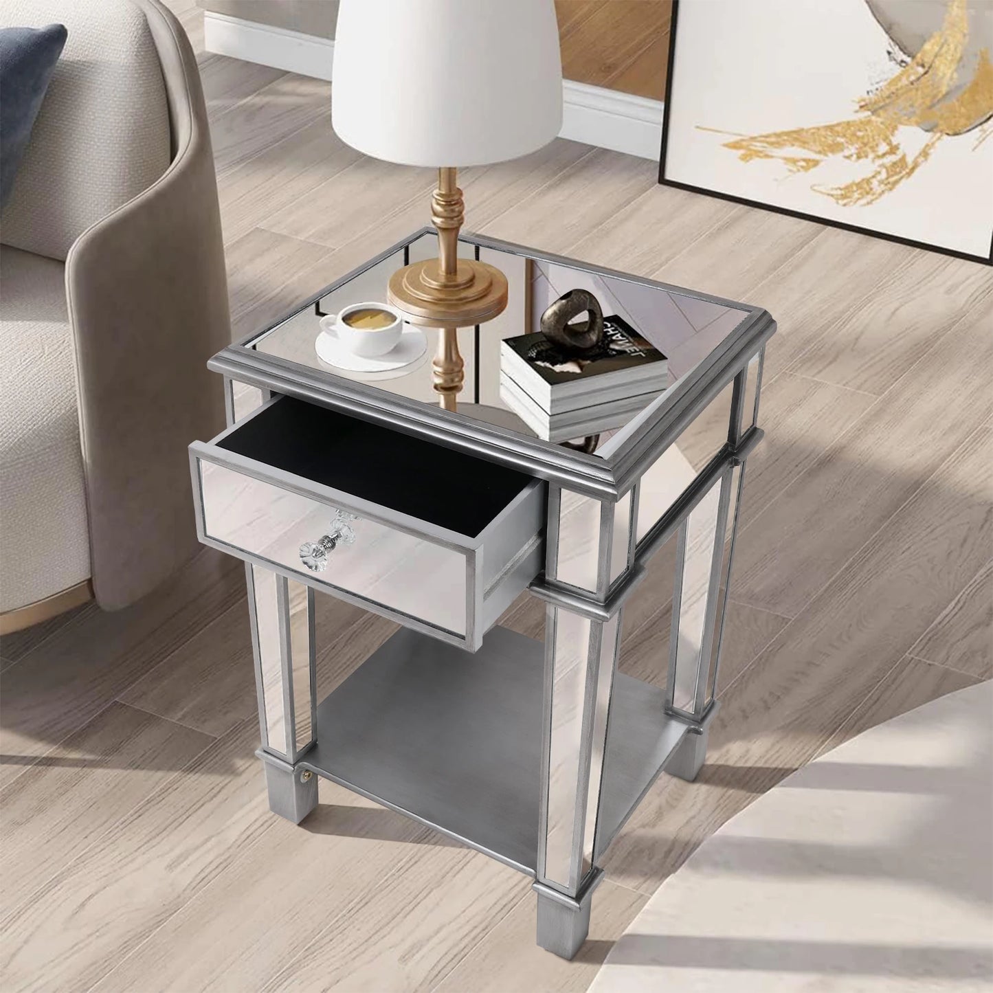 Modern Two Tier Mirrored End Table With Storage Drawer
