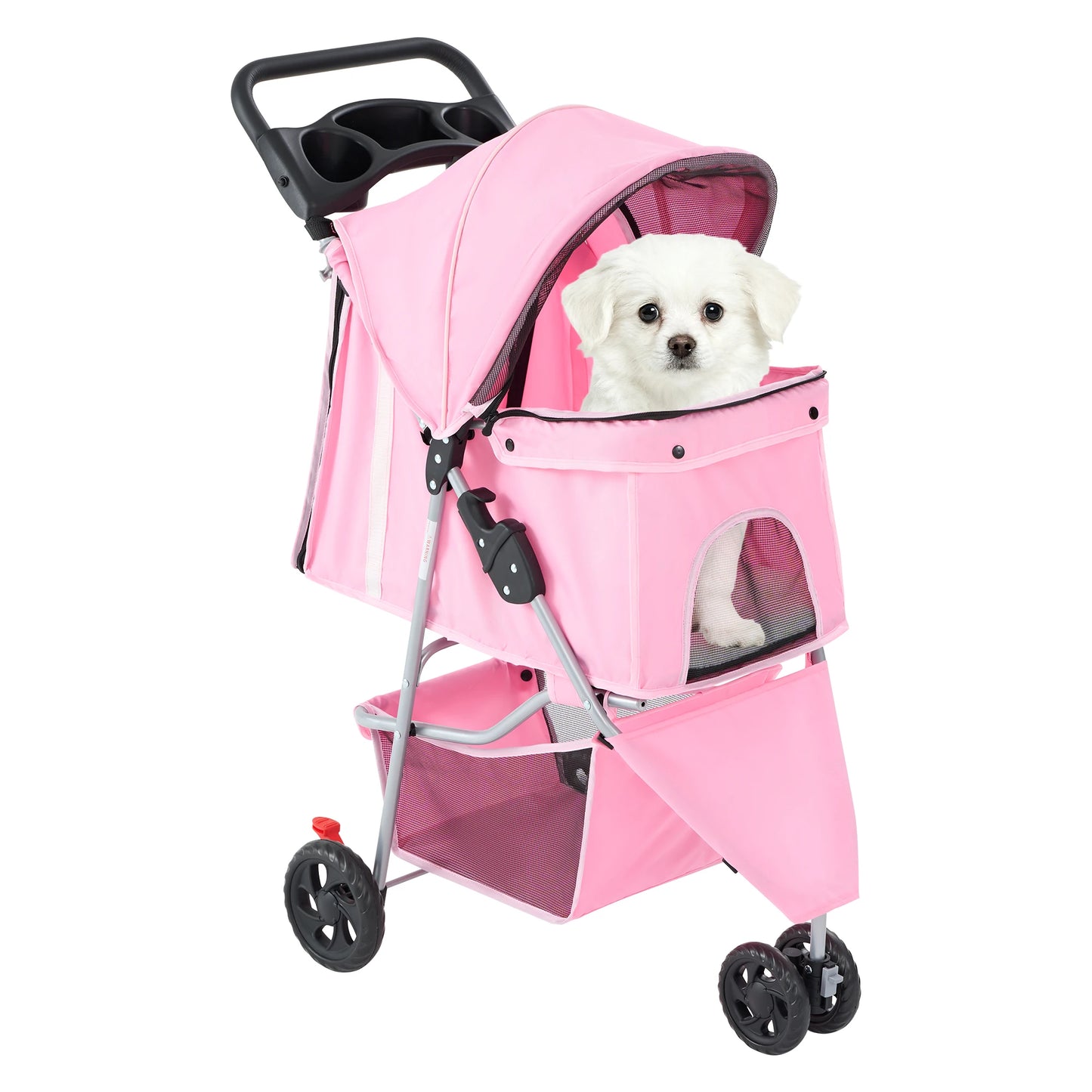 Foldable Pet Stroller With Three Shock Absorbing Wheels And Basket
